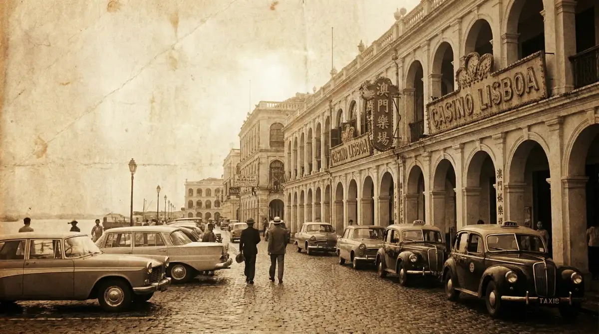 老澳门赌场街景，记录 澳门博彩 业早期发展的珍贵历史影像